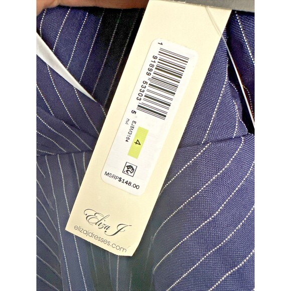 Eliza J Women's Twist-Front Cascade Collared Shirt Dress w.Pockets  White Navy 4 - Picture 7 of 9